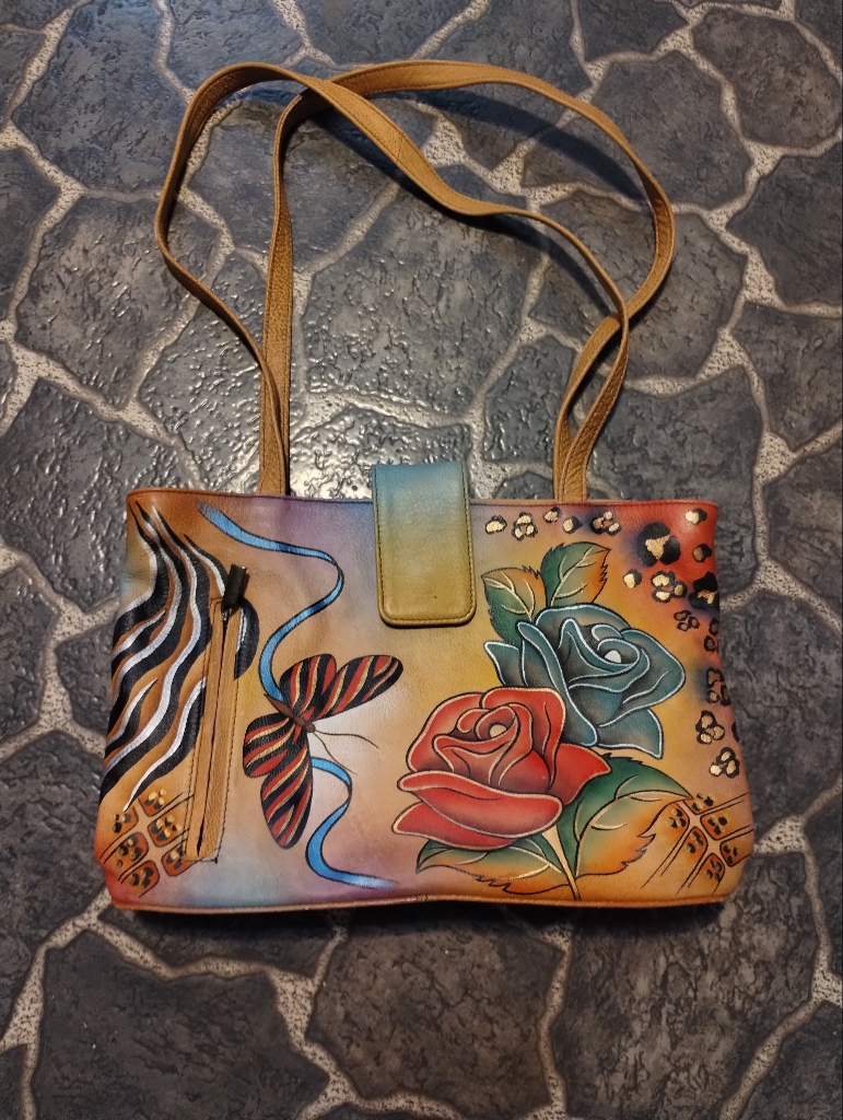 Anna Anuschka Rose Safari Butterfly Hand Painted Leather Purse